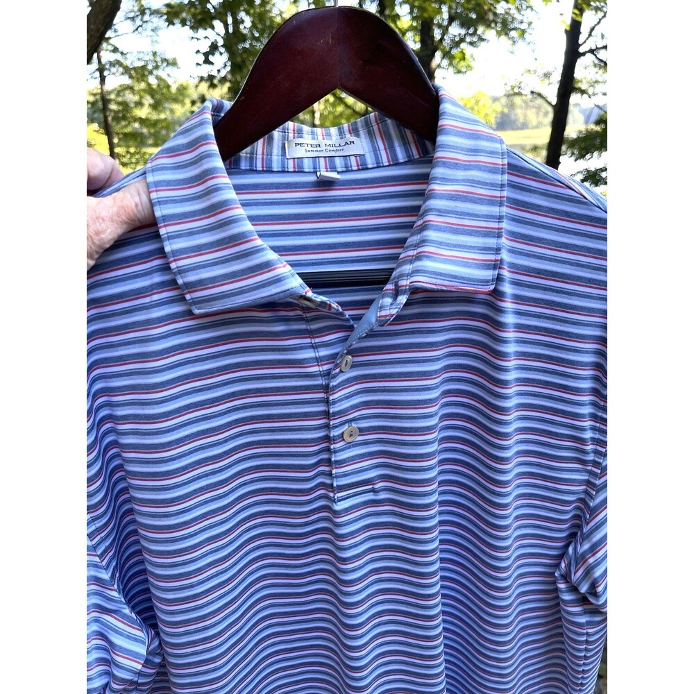 Peter Millar Summer Comfort Blue Stripe Polo Shirt SS Golf Mens Large